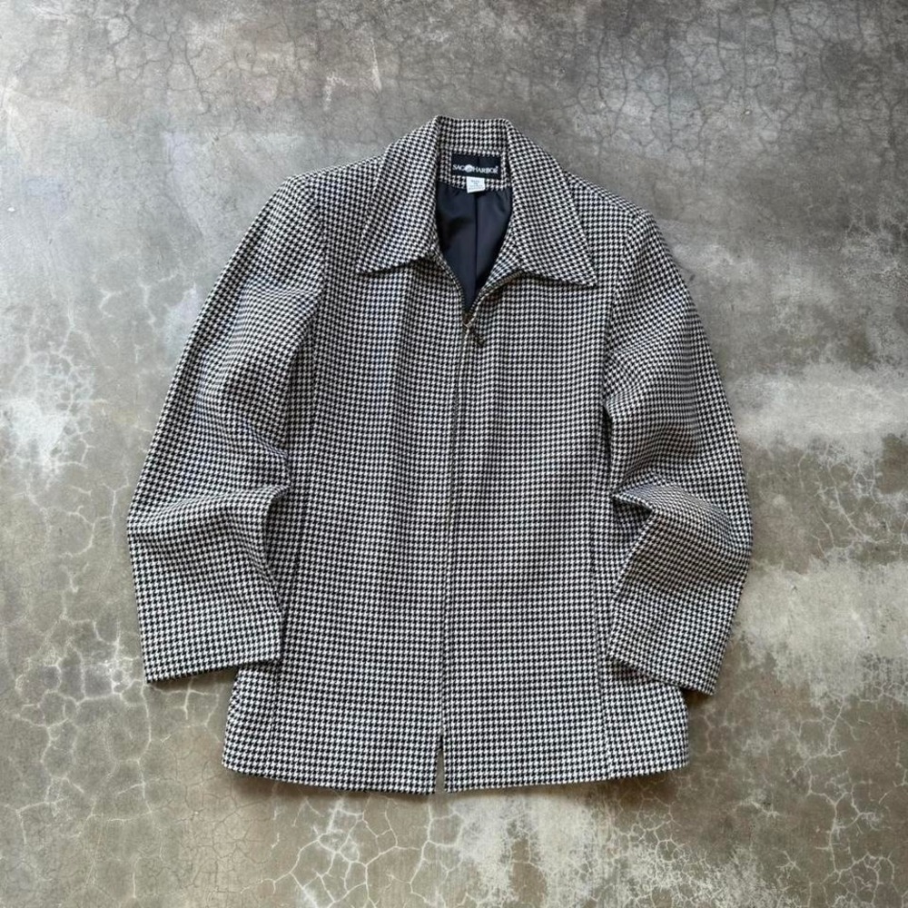 Vintage 90's Wool Houndstooth pattern back and white boxy fit zip up suit jacket
